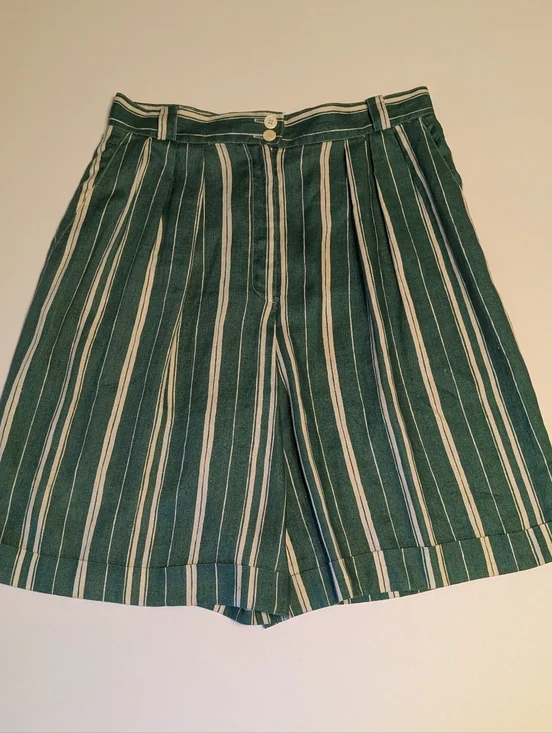 Vintage 80’s High Waist Walking Shorts Jorts 100% Linen Striped Green Ivory 12 - Picture 4 of 12